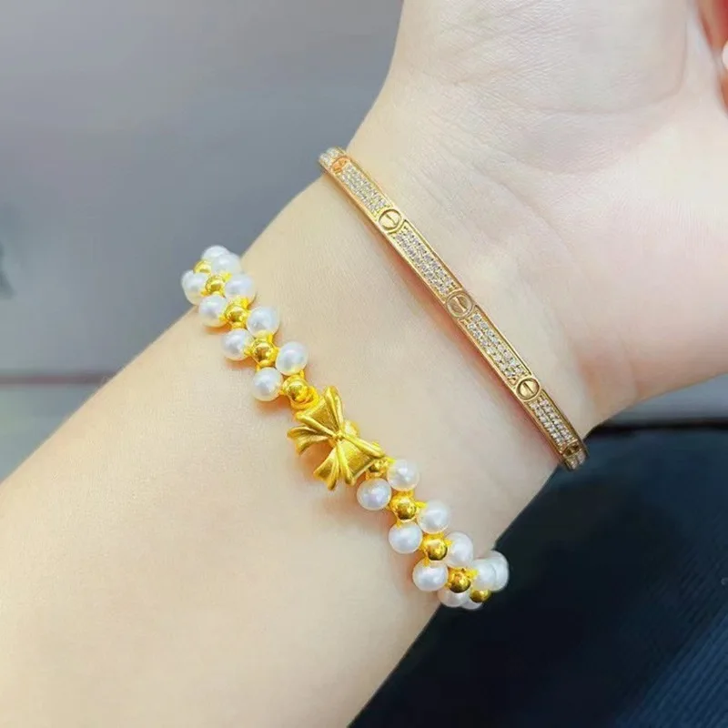 Aimgal Fine jewelry 999 Gold Beads 5D Hard Gold Bow Natural freshwater pearls Transfer Bracelets Pure Gold tarnish free