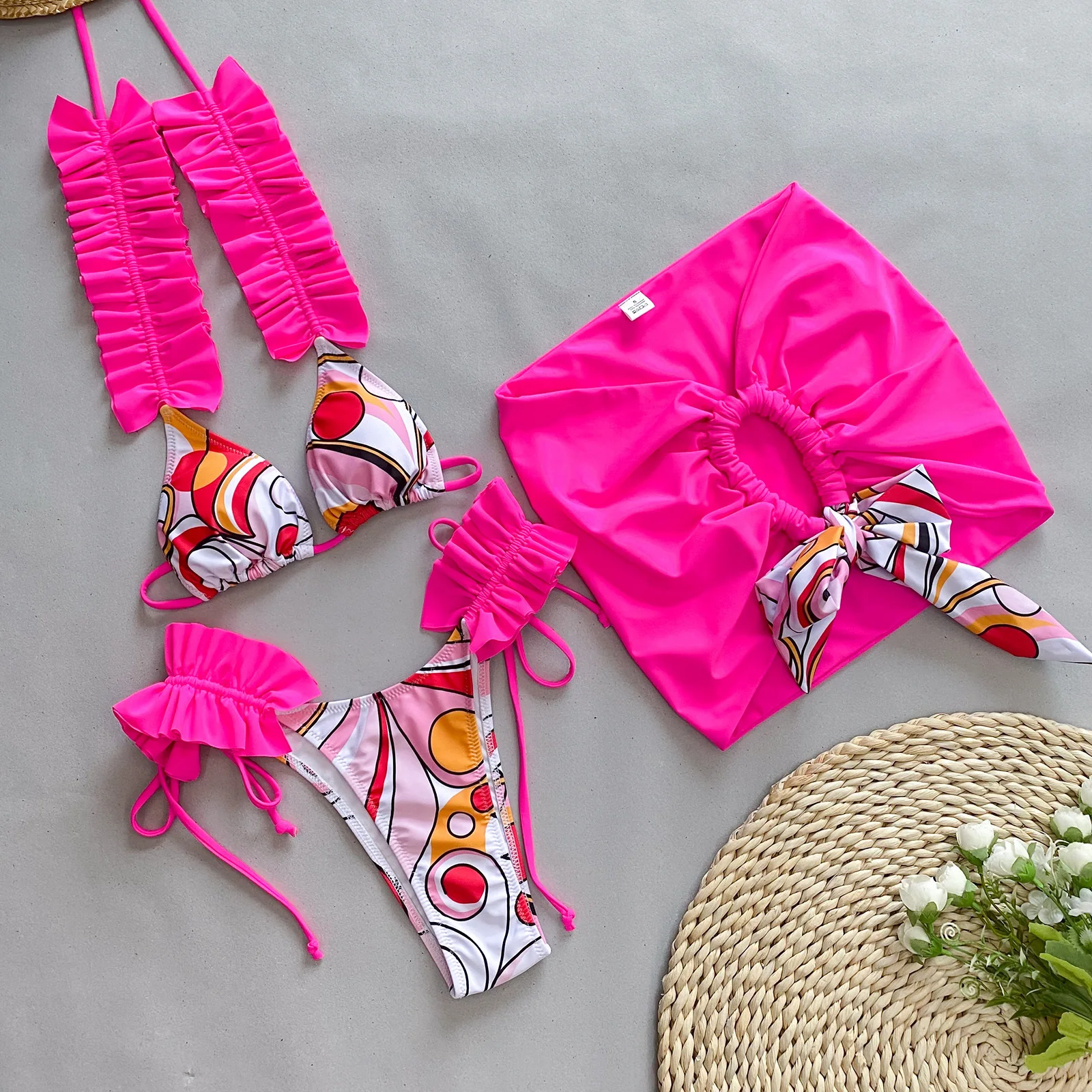 With Skirt Waved Ruffled Frilled Bikini Female Swimsuit Women Swimwear Three-pieces Bikini set Bather Bathing Suit Swim
