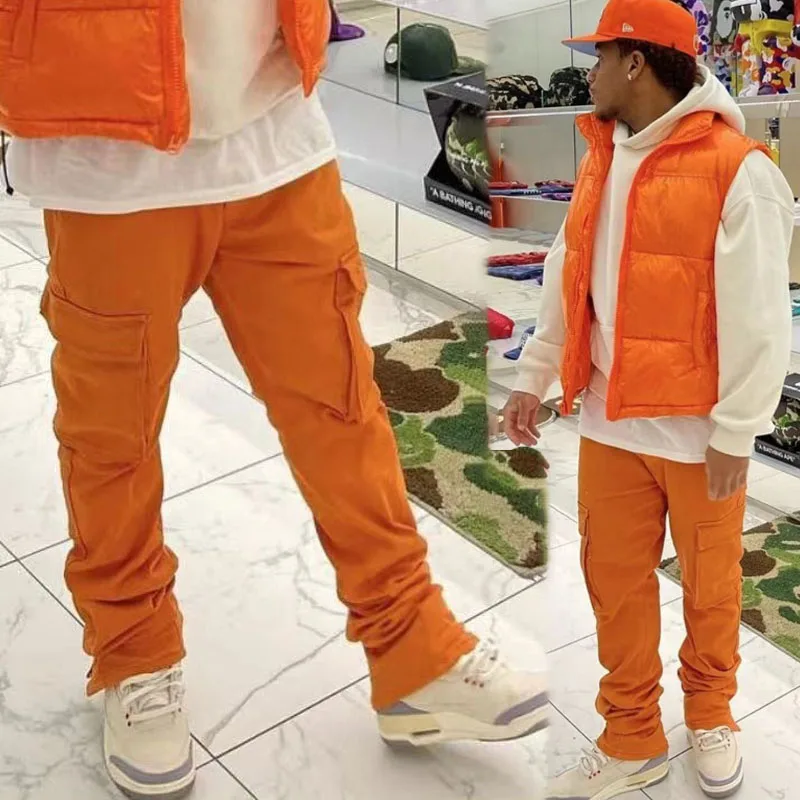 Men Jogger Sweatpants Big Pocket Cargo Flared Track Pants Trousers Custom Fleece 100% Cotton Stacked Sweat Cargo Pants