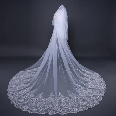 
3.8*3m Cover Face Muslim Wedding Veils Wholesale Cathedral Veil White Lace Trim Long Bridal Veil 