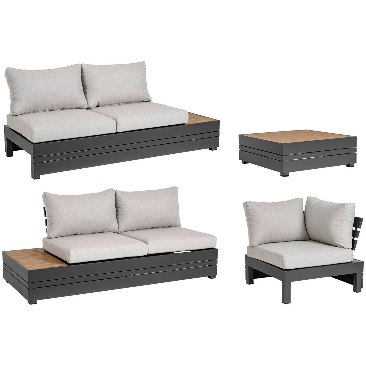 AJUNION Luxury Modular Sofa Outdoor Furniture Set Aluminum Wood Sectional Sofa Set Commercial Hotel Villa Lounge Sofa Garden Set