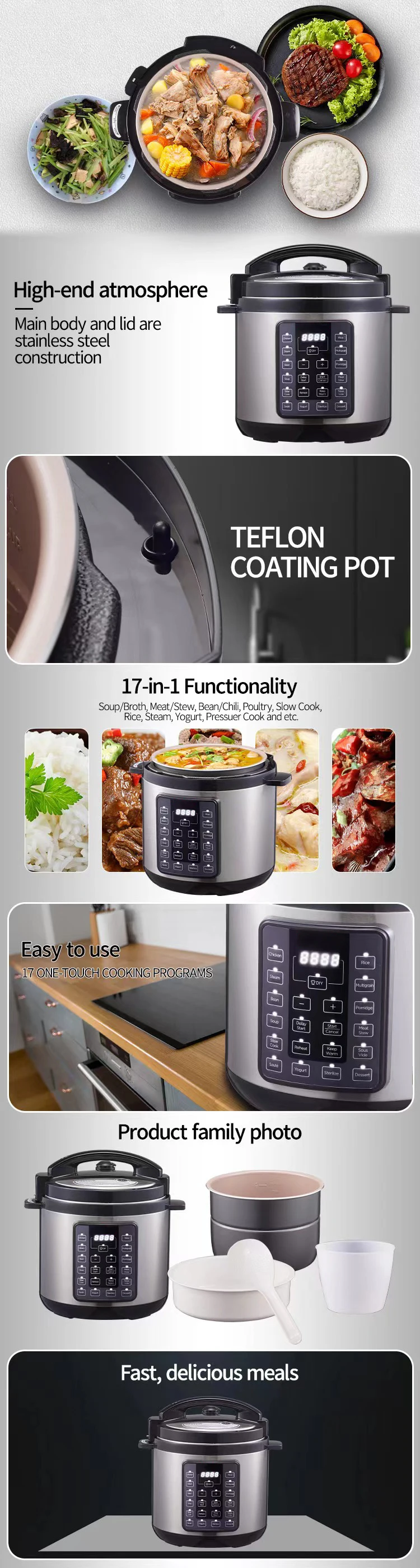Automatic large capacity 17 pre-set best price manufacturers Commercia household 6 Liters household electric pressure cooker
