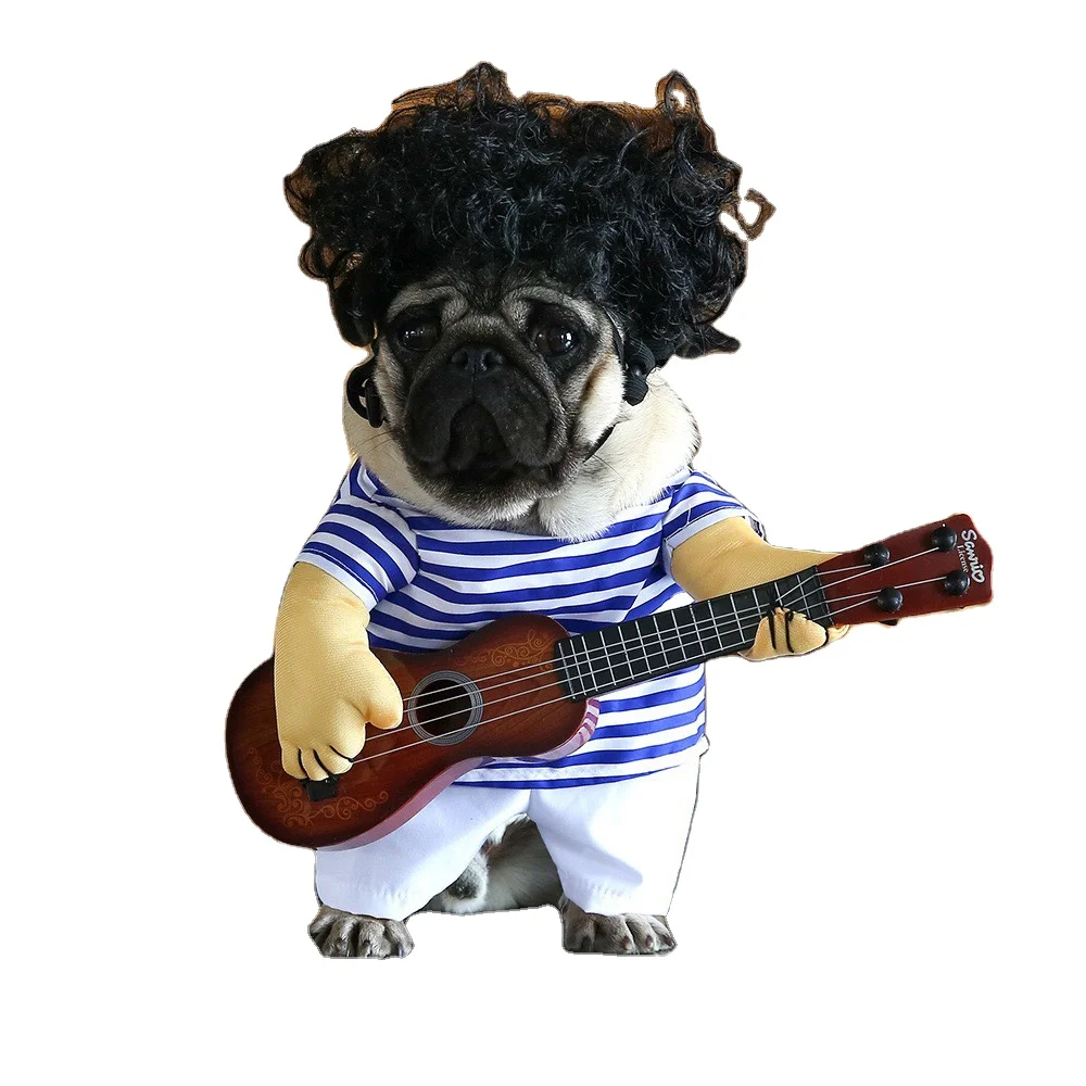 new fashion design funny pet dog costume blue and white strip playing guitar  clothes