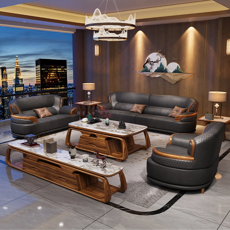 High Quality American Design Luxury Modern Upholstered Gray Leather Sofa Solid Brown Wood Living Room Set with Leisure Feature