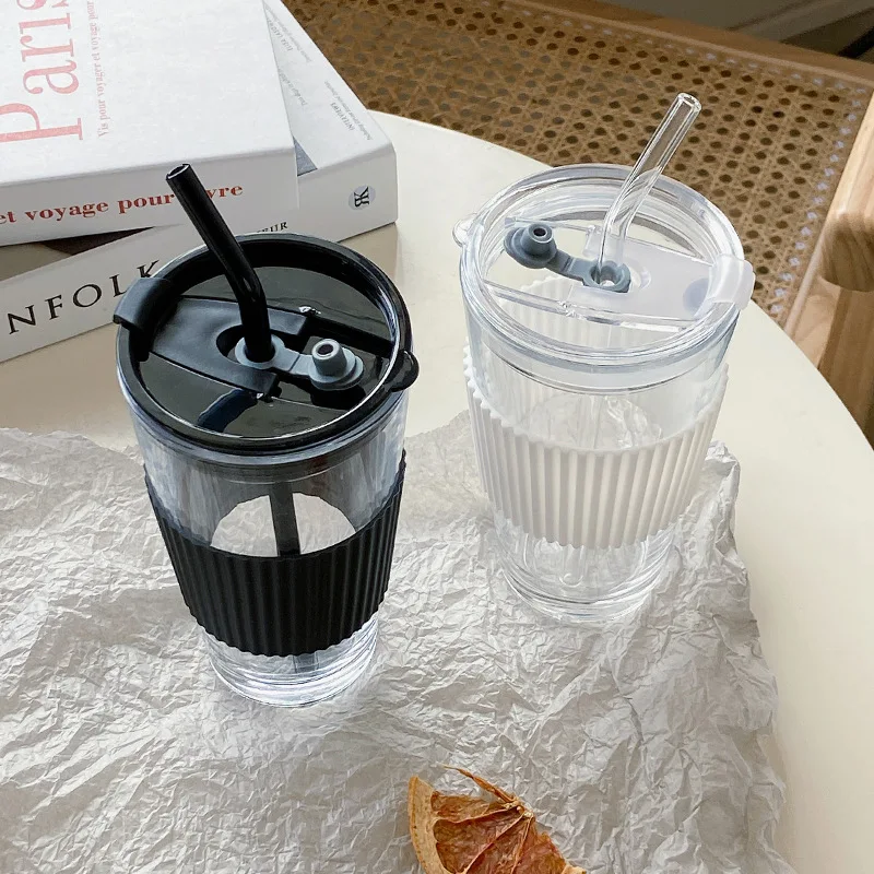 16oz glass cup with lid and straw travel glass tumbler with silicone sleeve