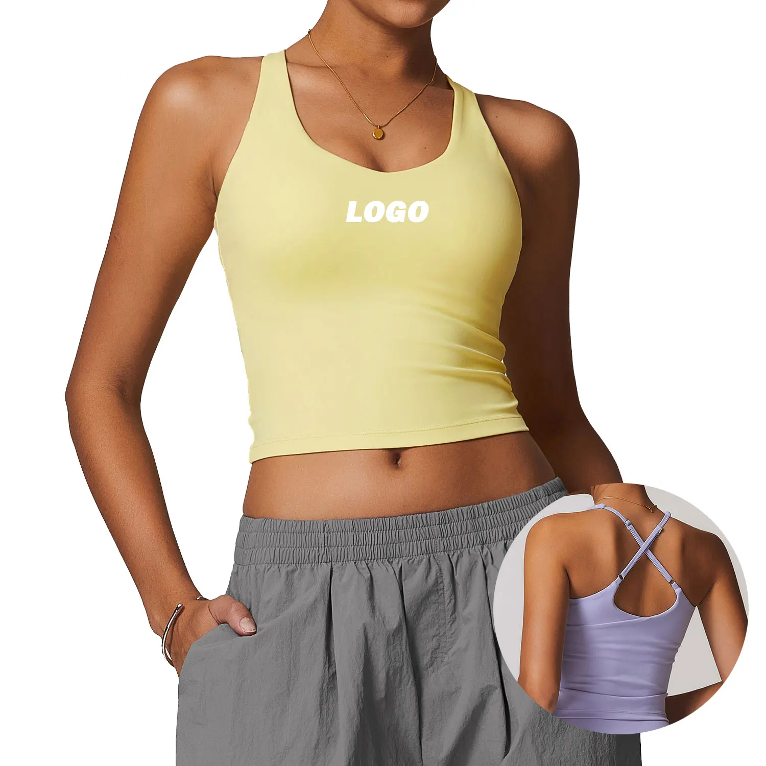 Custom Wholesale Solid Padded Ladies Gym Crossback Sports Bra Yoga Workout Crop Tops Fitness Naked Feeling V Neck Tank Tops