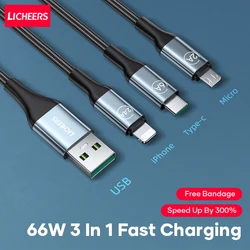 Licheers Custom 1.8M 6FT 6A 3IN1 Nylon Braided High Speed Multi Function Type-C USB Micro 3 In 1 Charging Data Cable