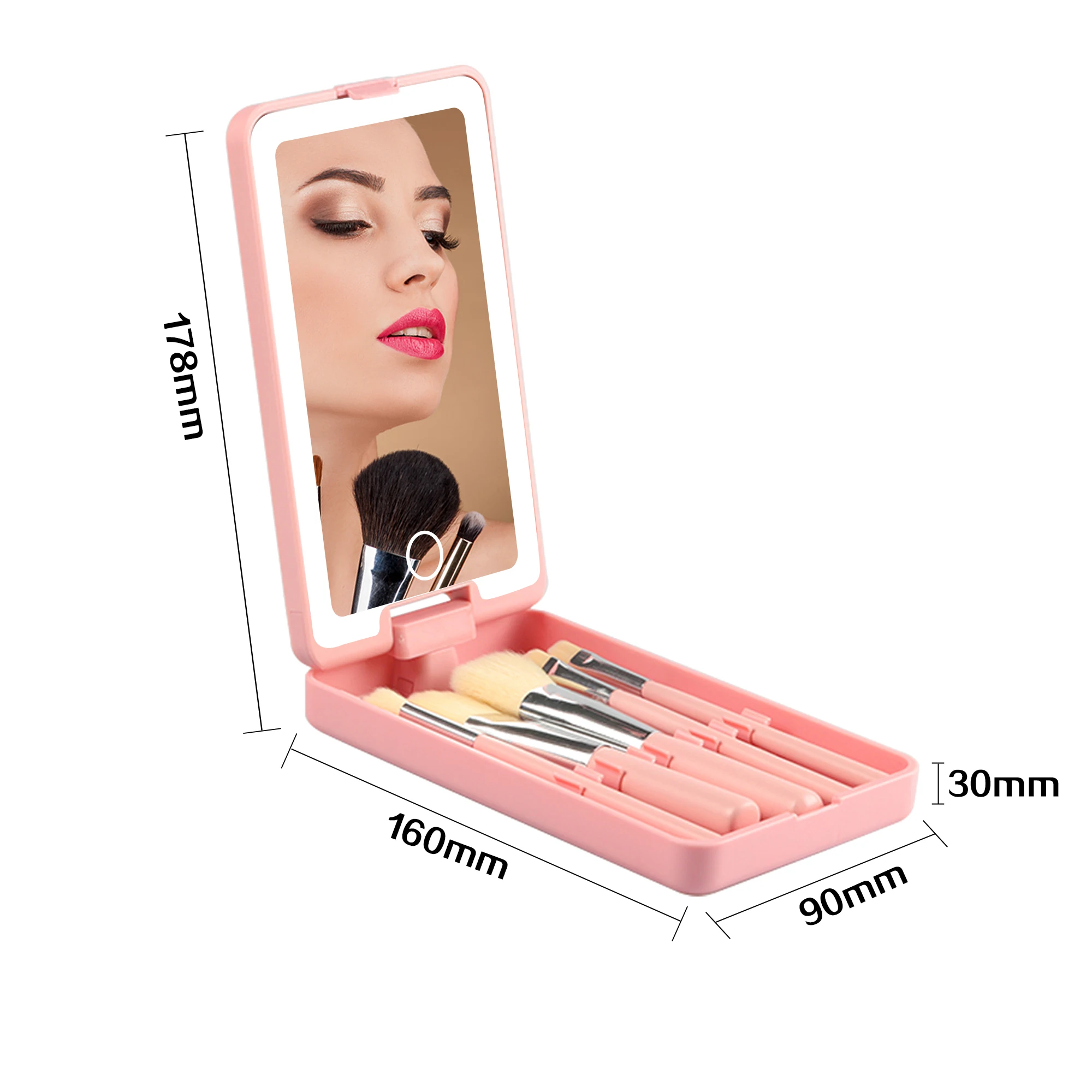 Hot Custom Foldable Single Side Pink Square Plastic Portable Make up Chassis Storage touch switch Vanity Brush LED Mirror Set