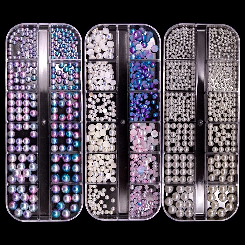 New  12 Grid Long Strip Box  Crystal Nail Art Mixed Shape Metal/pearl/shell Mixed color DIY Nail Art 3D Decoration