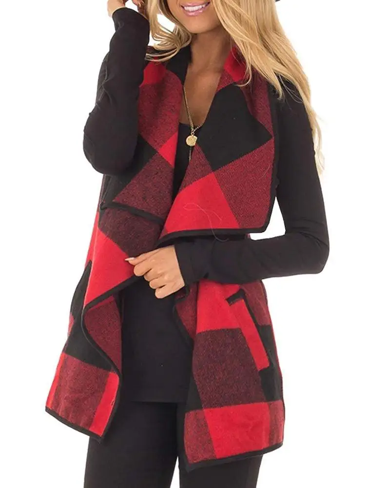 
Women Vest Lapel Open Front Buffalo Plaid Sleeveless Cardigan Jacket Coat with Pockets 