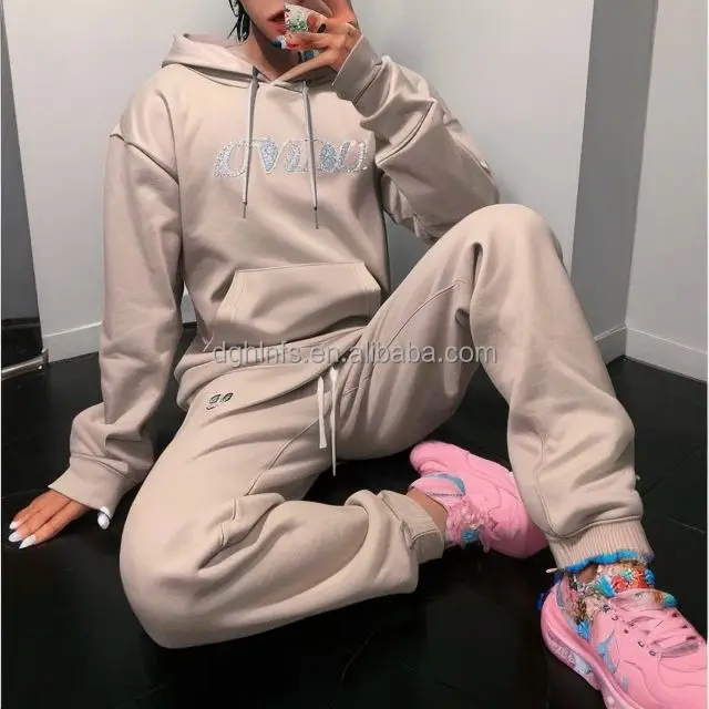 HLN High Quality Clothing Custom Women2pc Sweat Suit Women Thick Cotton Sweat Suit Sweatpants And Hoodie Set Wholesale Women
