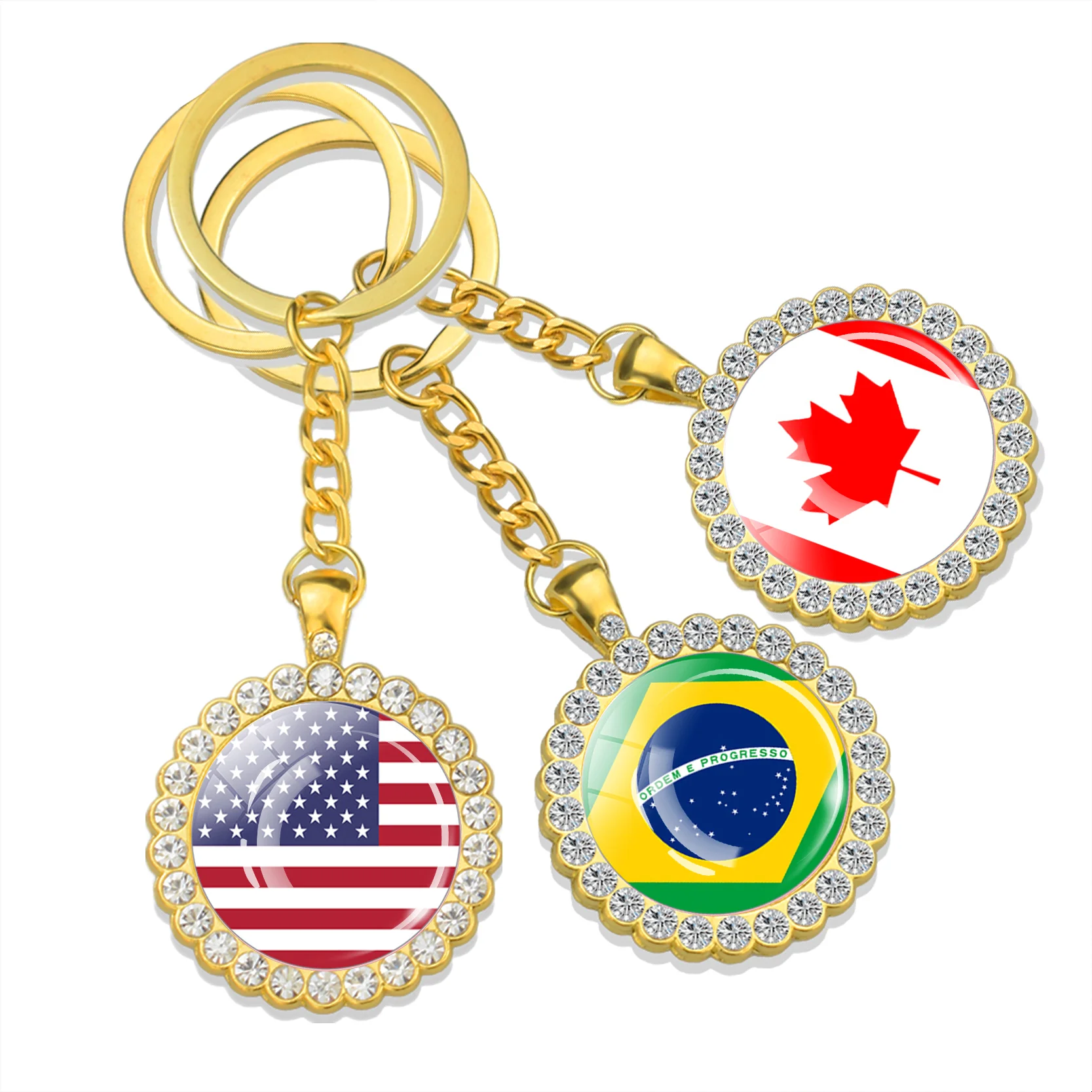 Брелок для ключей с американским флагом, женский золотистый автомобильный брелок с бриллиантами, кольцо для ключей для США, Бразилии, Мексики, Канады, Коста-Рики, Колумбии, Чили, Перу
