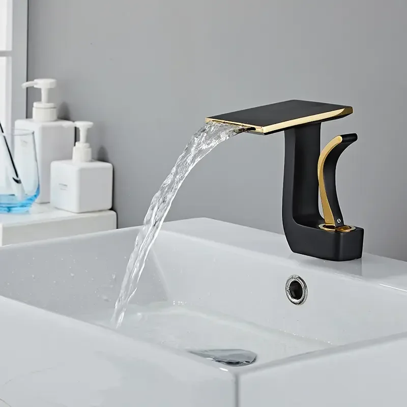 Modern Luxury White and Gold Faucet Sink Brass Unique Design Waterfall Basin Mixer Tap Bathroom