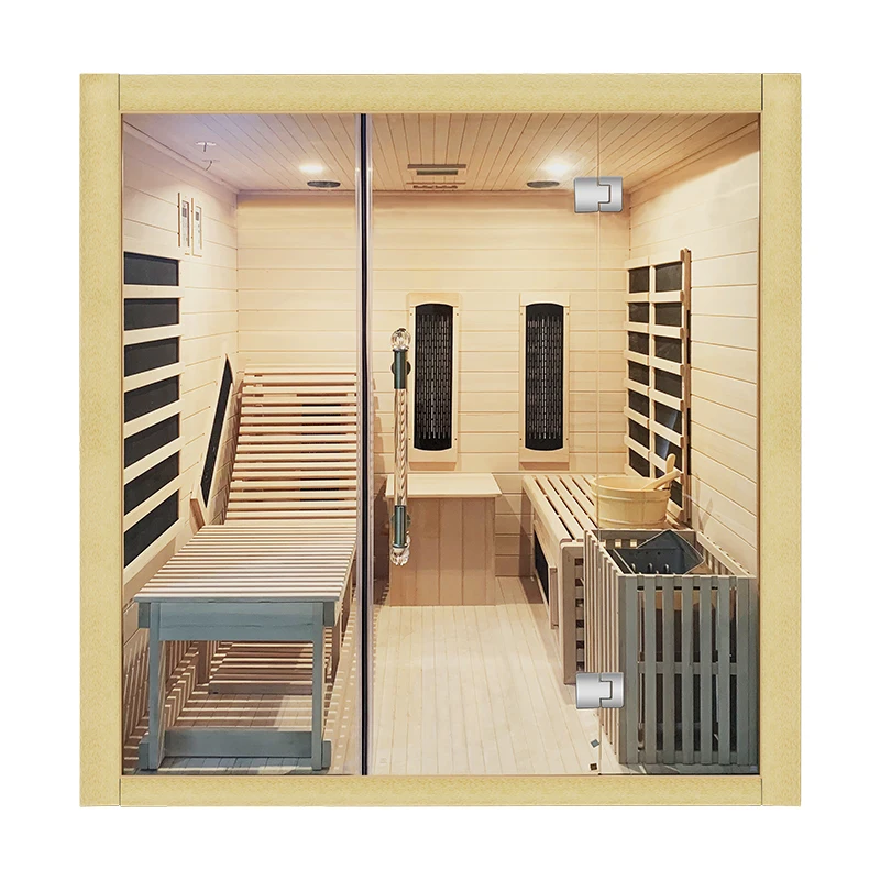 Innovative wet dry combination solid wood far infrared sauna room with steam sauna stove