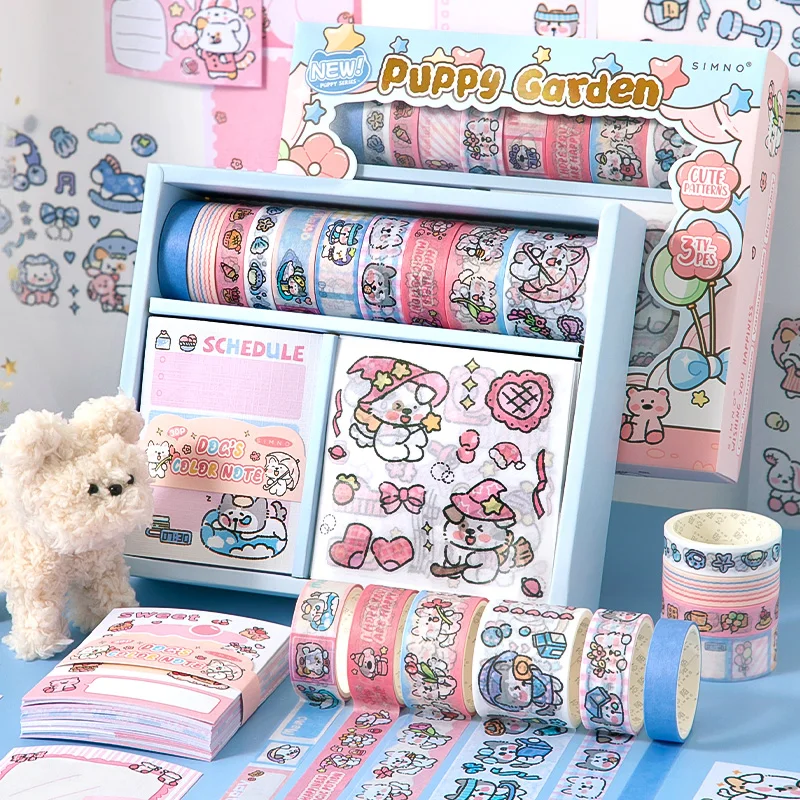 Simno Cartoon Dog and Cat Stationery Gift 120pcs Washi Masking Tape Sticker Memo Pad Set  for Scrapbooking Planner Diary