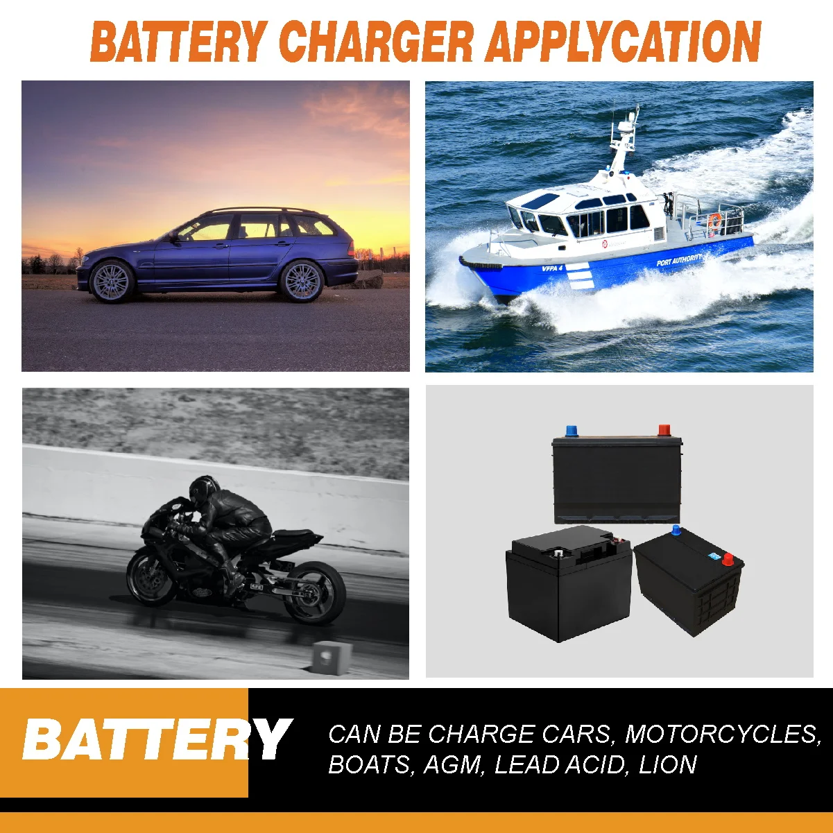 12V Waterproof Onboard Battery Charger 10AMP, Battery Maintainer & Desulfator for SLA/AGM, Lithium (LiFePO4)