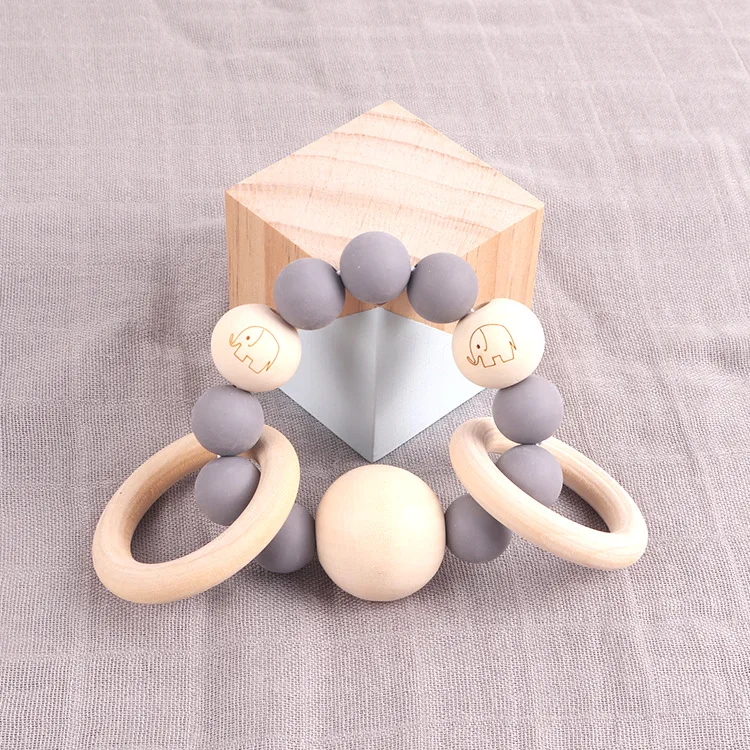 BPA free Food Grade Silicone Chew teething toy Bracelet Wooden Teether with Beads Baby teething toy