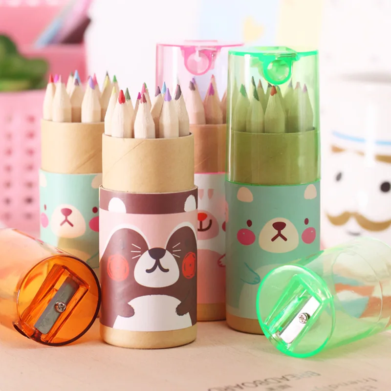 Pencil Manufacturer Cartoon bear 12 Colored Pencils With Topper Sharpener,Tube Packing Colorful Wooden Pencil Cheap Price