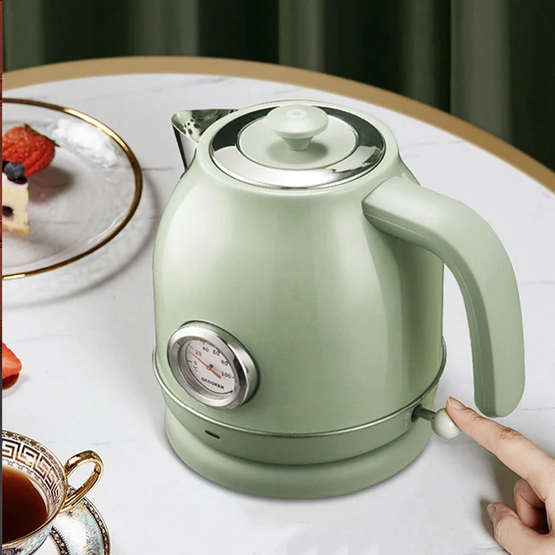 QCOOKER 1.7L Electric Kettle Fast Boiling Stainless Steel Retro Thermometer Hot Water Boiler 1800W 220V Portable Instant Heater