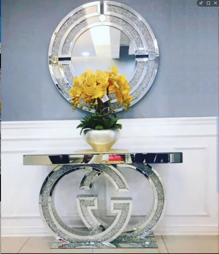 glass material fashion design round circle brown color crushed diamond mirrored console