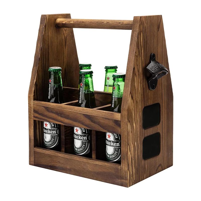 Pine wooden beer or bottle carrier with opener and magnite catcher wood tools