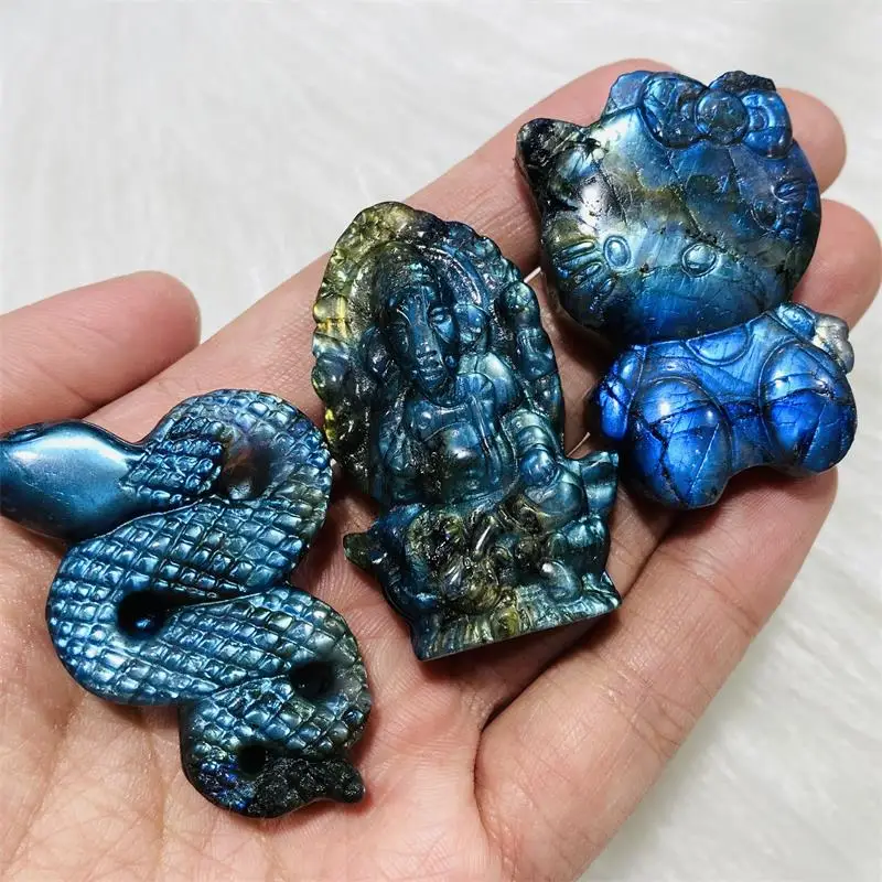 Hand-carved Full Flash Labradorite Crystal Carvings Kitty Snake Bug Evil Eyes Animal Statue Figurine