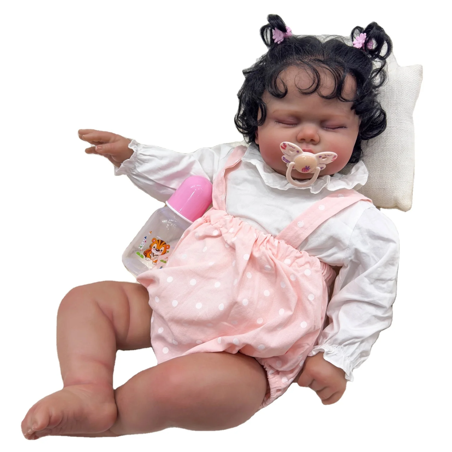 24Inch pickle Dark black Skin Sleeping in Soft Cloth Body Lifelike Reborn Toddler Hand rooted Hair Cuddly Baby Doll  Girl  Baby