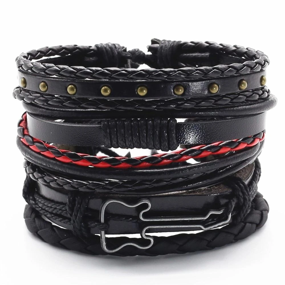 Wholesale  Custom DIY 6pcs Alloy Feather Leather Bracelet For Man