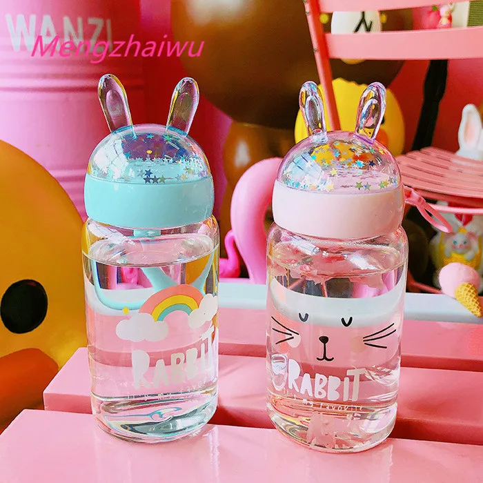 South Korea Daily Home Use Products Cute Sequin Rabbit Design Cute Glass Hot Water Bottle for Girls Pretty Cartoon Cup Hot Drink