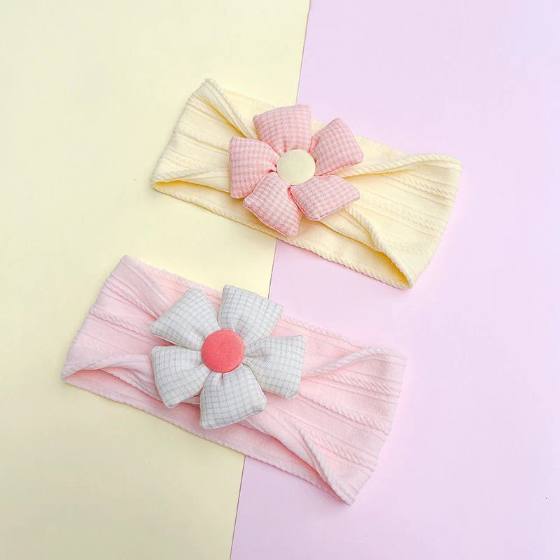 15*8 CM New Korea Fashion Flower Nylon Headband Baby Cable Knit Headbands Kids Girls Soft Turban Infant Head wraps Children
