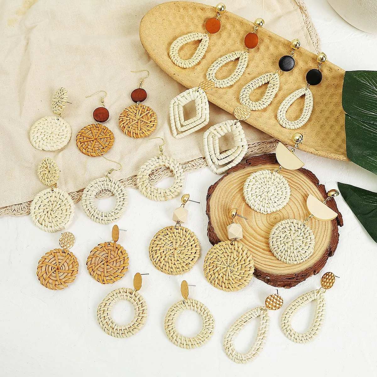 Ethnic Style Natural Bamboo Rattan Straw Woven Braided Earrings Bohemian Geometric Wooden Dangle Drop Earring For Women Girls