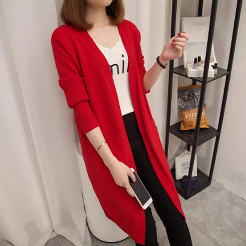 New Fashion Spring Autumn Women Girls Long Sleeve Solid Color Cardigan Casual Long Slim Knitted Sweater Loose Knitwear