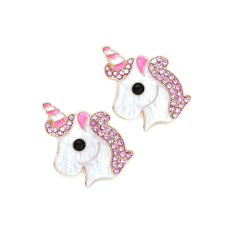 2023 New arrivals cute cartoon pink diamond unicorn stud earrings for lady girls kids