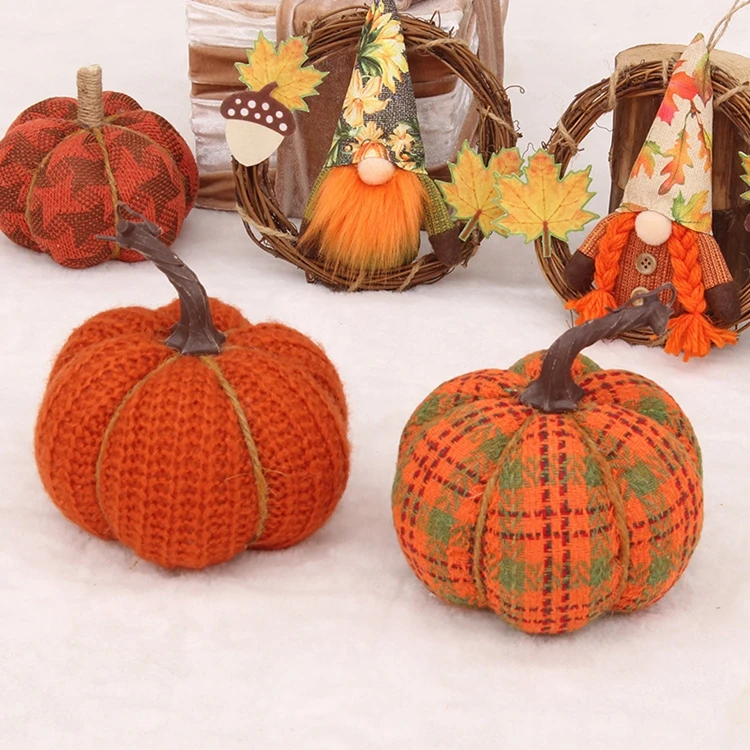 Fabric Pumpkins for Decorating Halloween Thanksgiving Fake Knitted Fabric Pumpkin Desktop Window Decorations H0461