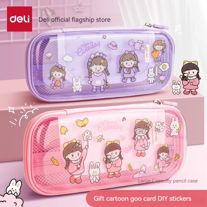 Deli BC308 Girl DIY Light Purple Transparent Pencil Case for Primary School Students Double Layer Three Layer Large Capacity Pen