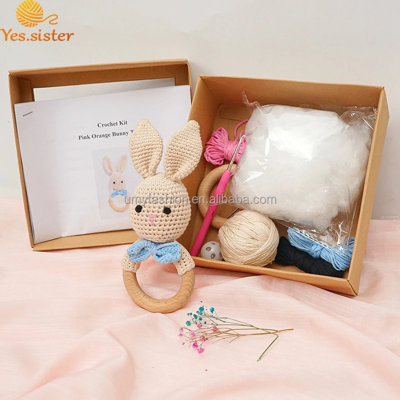 DIY Crochet Bunny Rattle Rabbit Baby Knitting Animal Toy New Mom Gift Crochet Baby Teething Ring