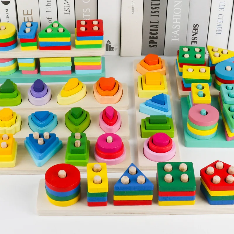 Colorful Wooden Puzzles Board Geometric Shape Stacker Education Toys Kids DIY Wooden Blocks Column Toy Gift