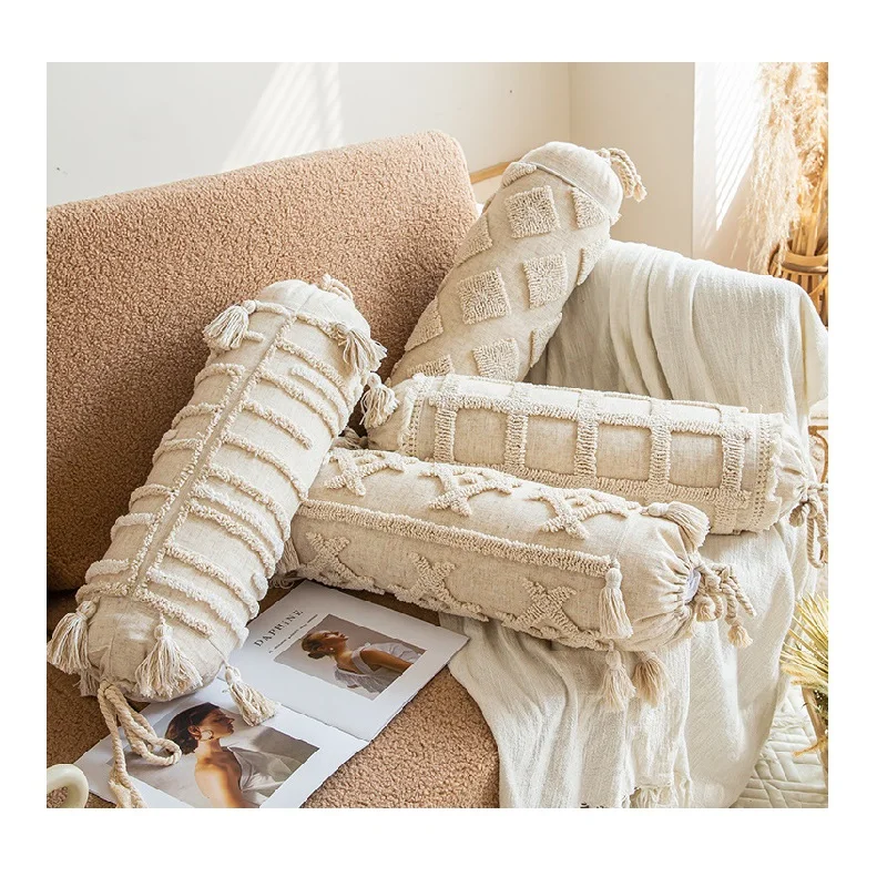 Wholesale newest  Boho Pillowcase Tassels moroccan pillows  bolster shape  candy pillows  cylinder white cream beige pillowcase