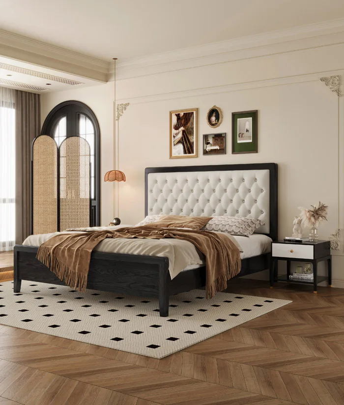 Modern European Style Queen Size Bed Frame with High Fabric Headboard and Soft Mattress Gorgeous Wood Panel Design