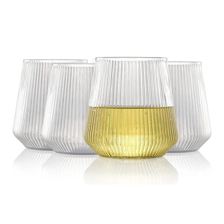 Recycleble 12oz Vertical Pattern Design Stripe Stemless Wine Glasses Plastic Unbreakable Ribbed Wine Glass