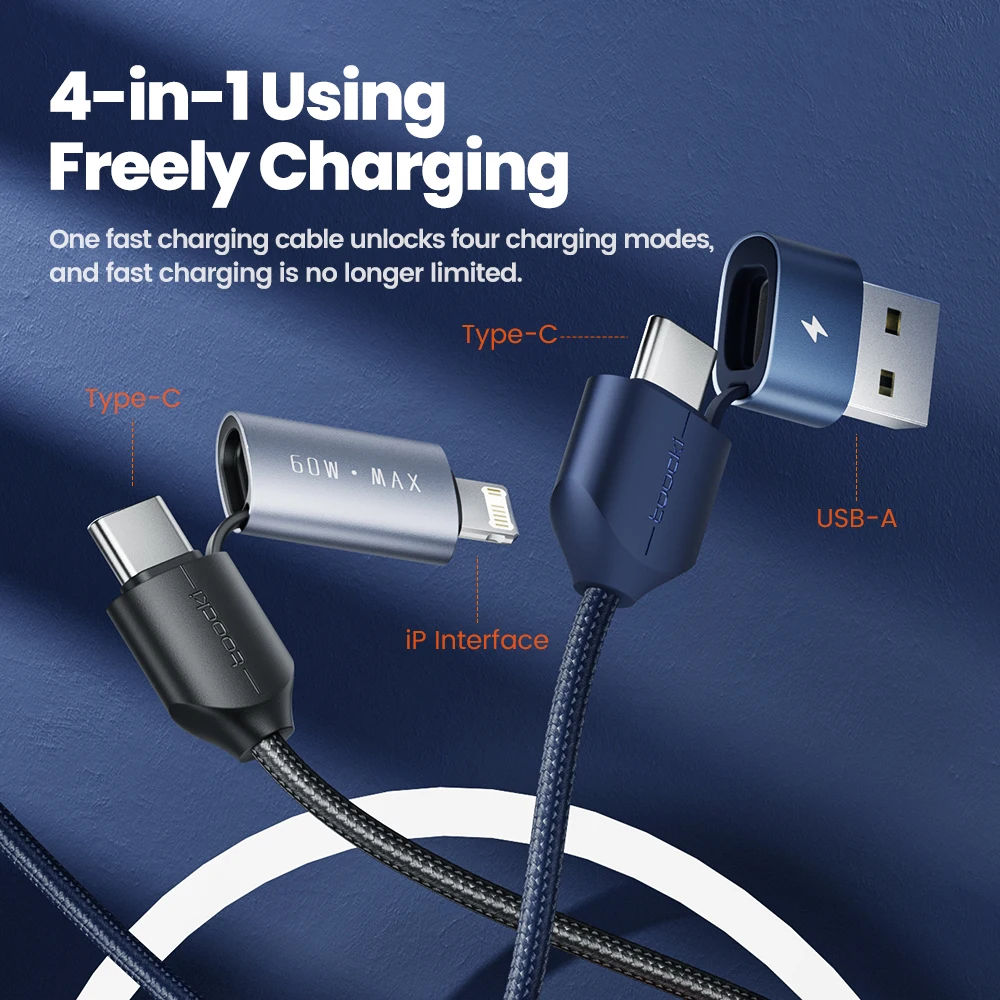 Toocki 4 in 1 usb cable quick charge 60W 6A/3A/2.4A 1M/2M for iphone android type c 3in1 charging cable