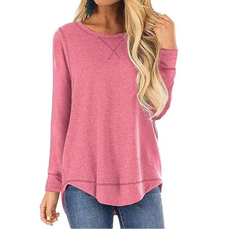 T-shirt Women In 2022 Korean Style Womens Loose Fit Long Sleeve Shirts Casual Loose Tunic V Neck Ladies Tops Side Split Tees