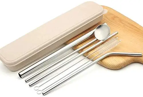 SMT 6PCS Reusable Boba Metal Straws Stainless Steel Drinking Straw Set With Spoon Cleaning Brush & Travel Case
