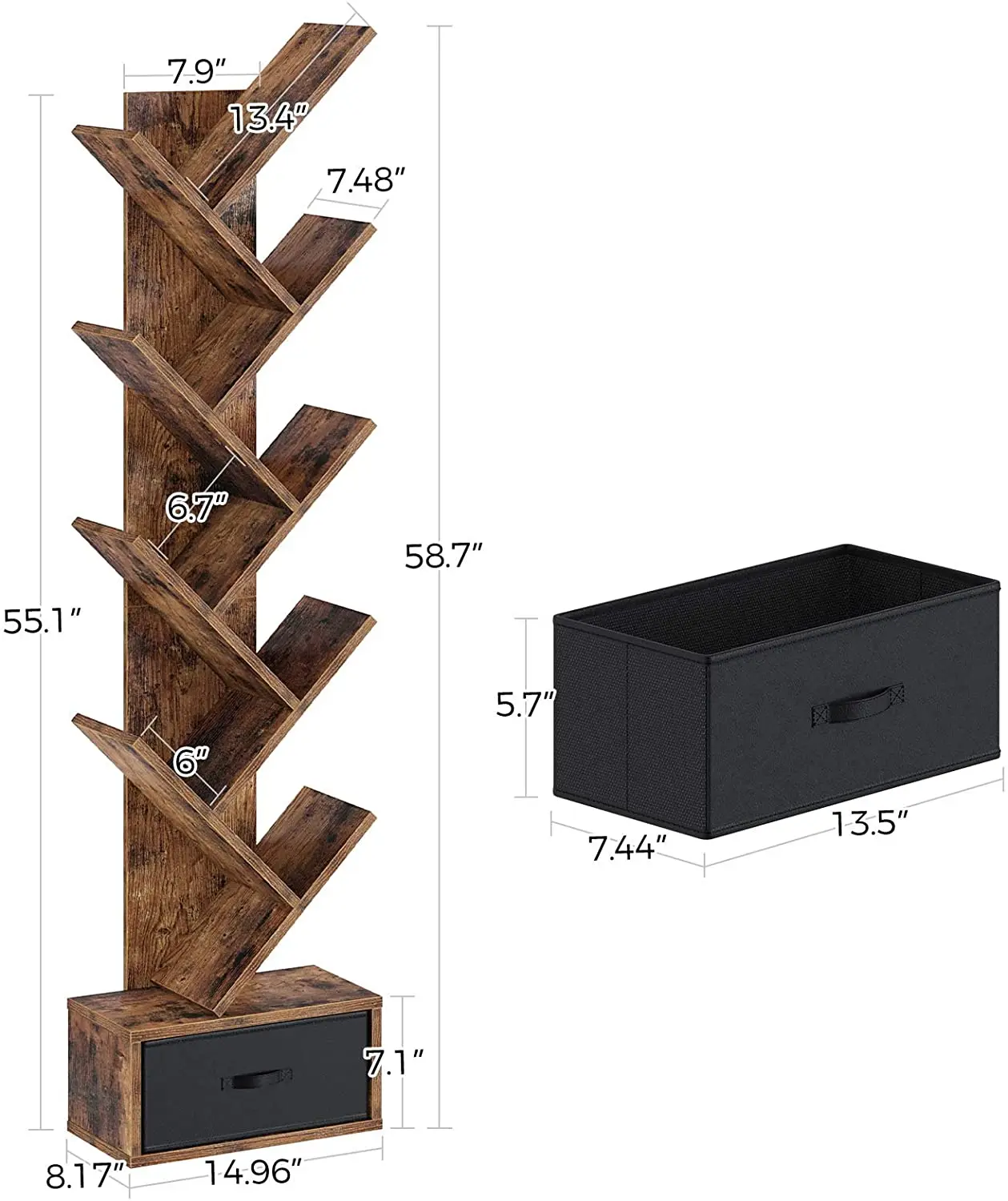 Tree Shelf with Drawer 8-tier Country Brown Bookcase Retro Wood Storage Rack for CD/Movie/Book Useful Storage Living Room  Home