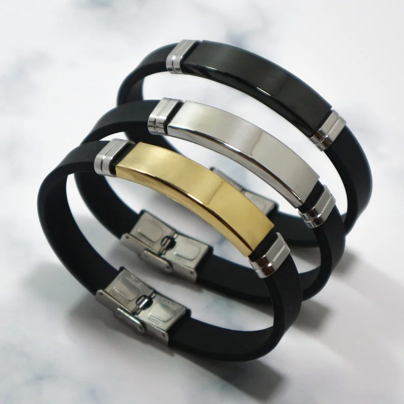 Stainless Steel Blank Bar Sport bracelet Laser Engraving Lettering Gift Fashion Simple Silicone Men Bracelet