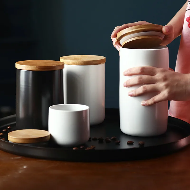 Factory Custom Kitchen Canisters Ceramic Food Storage Jar Containers with Airtight Seal Wooden Lid for Coffee Tea Sugar Salt
