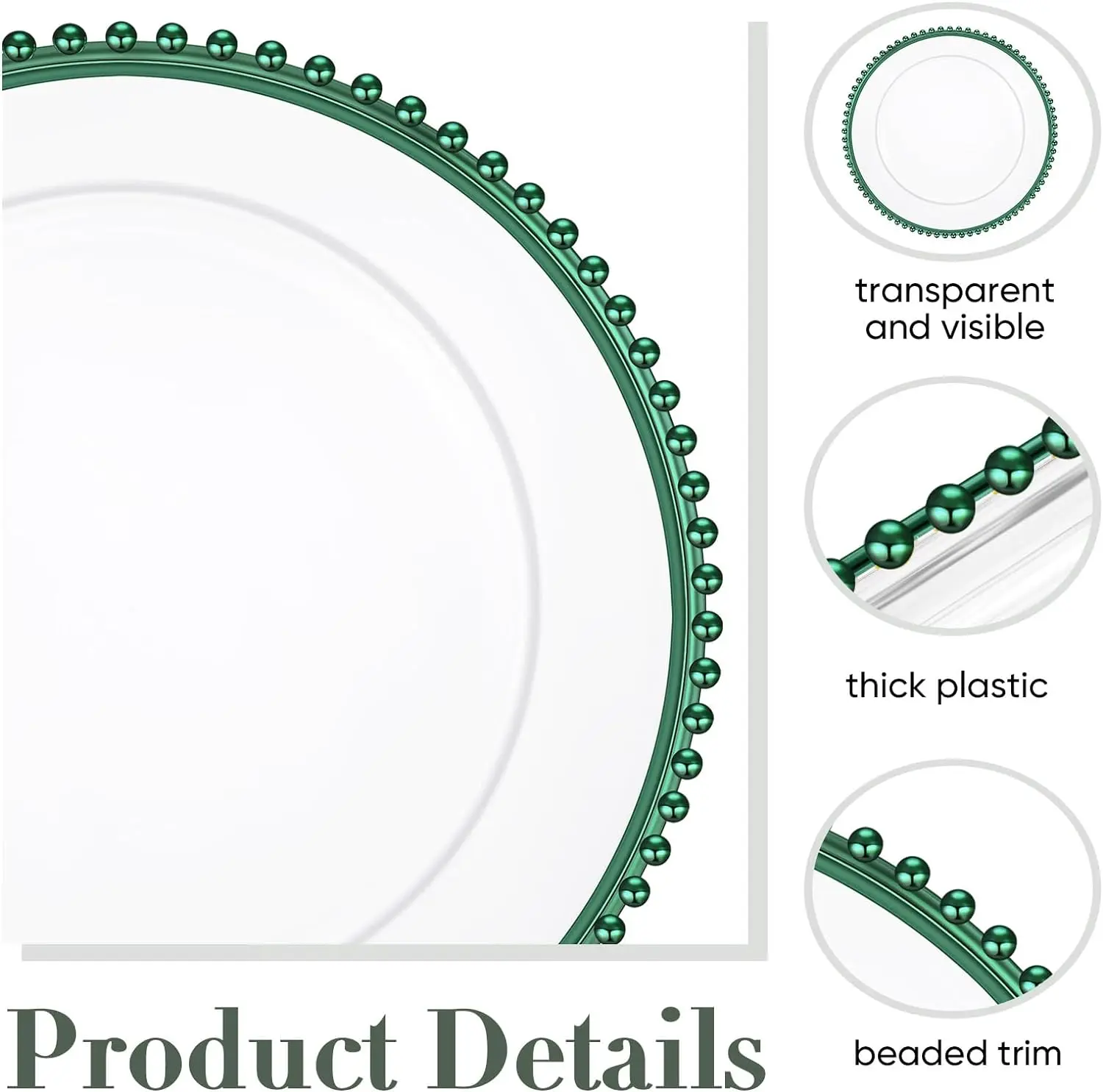 Clear Charger Plates 13 Inch Plastic Round Dinner Plates with Beaded Rim Dinner Table Decorative Plates (Dark Green)