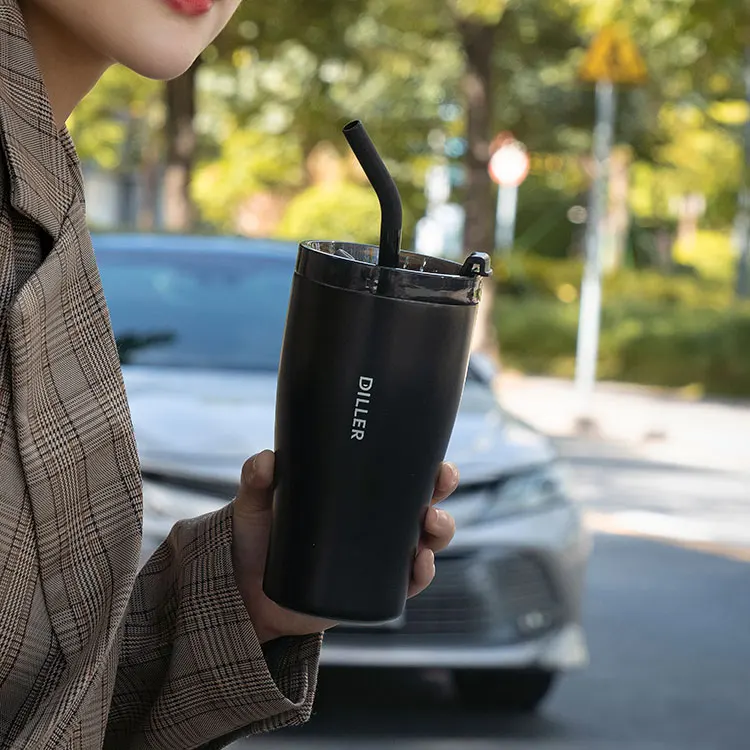 Custom wholesale double walled vacuum insulated stainless steel coffee tumbler mug with straw