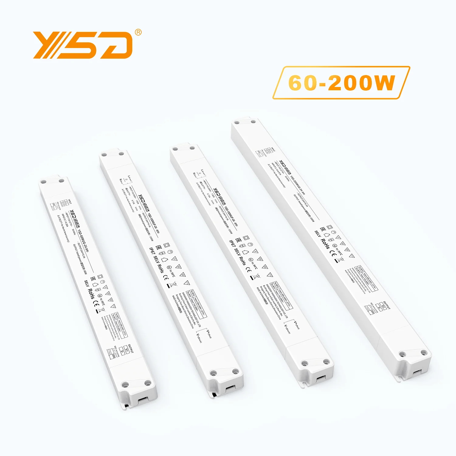 YSD plastic shell input 100-277v ac to dc output 12/24/48v 60W 100w  linear IP20 indoor Led power supply