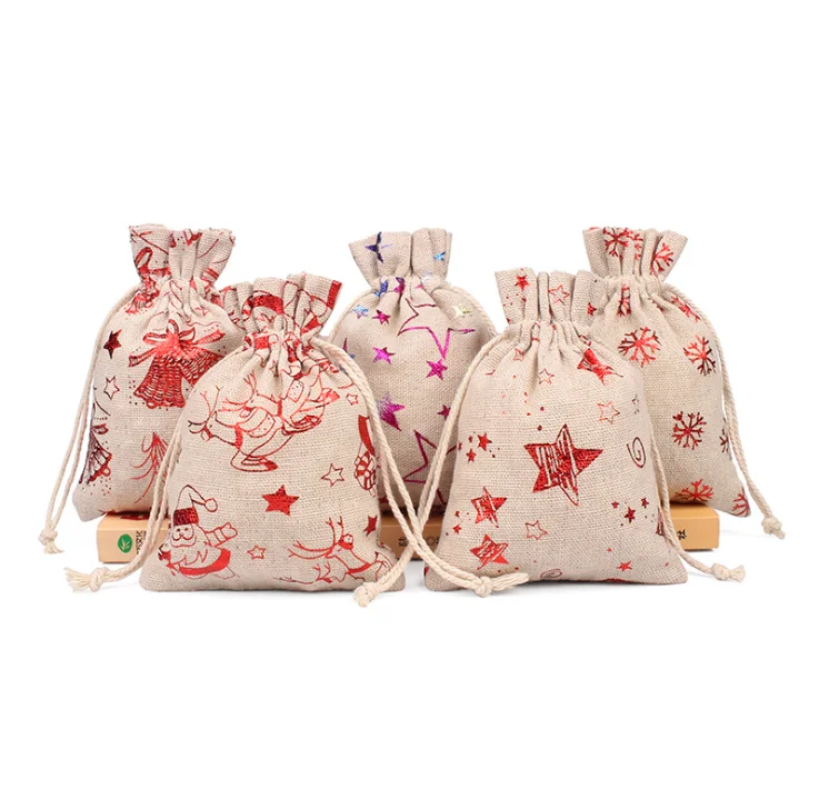2021 hot sell Christmas Drawstring Gift Bags Sacks, Jute Gift Bags Jewelry Pouch With Custom Logo Print Linen Burlap Bag